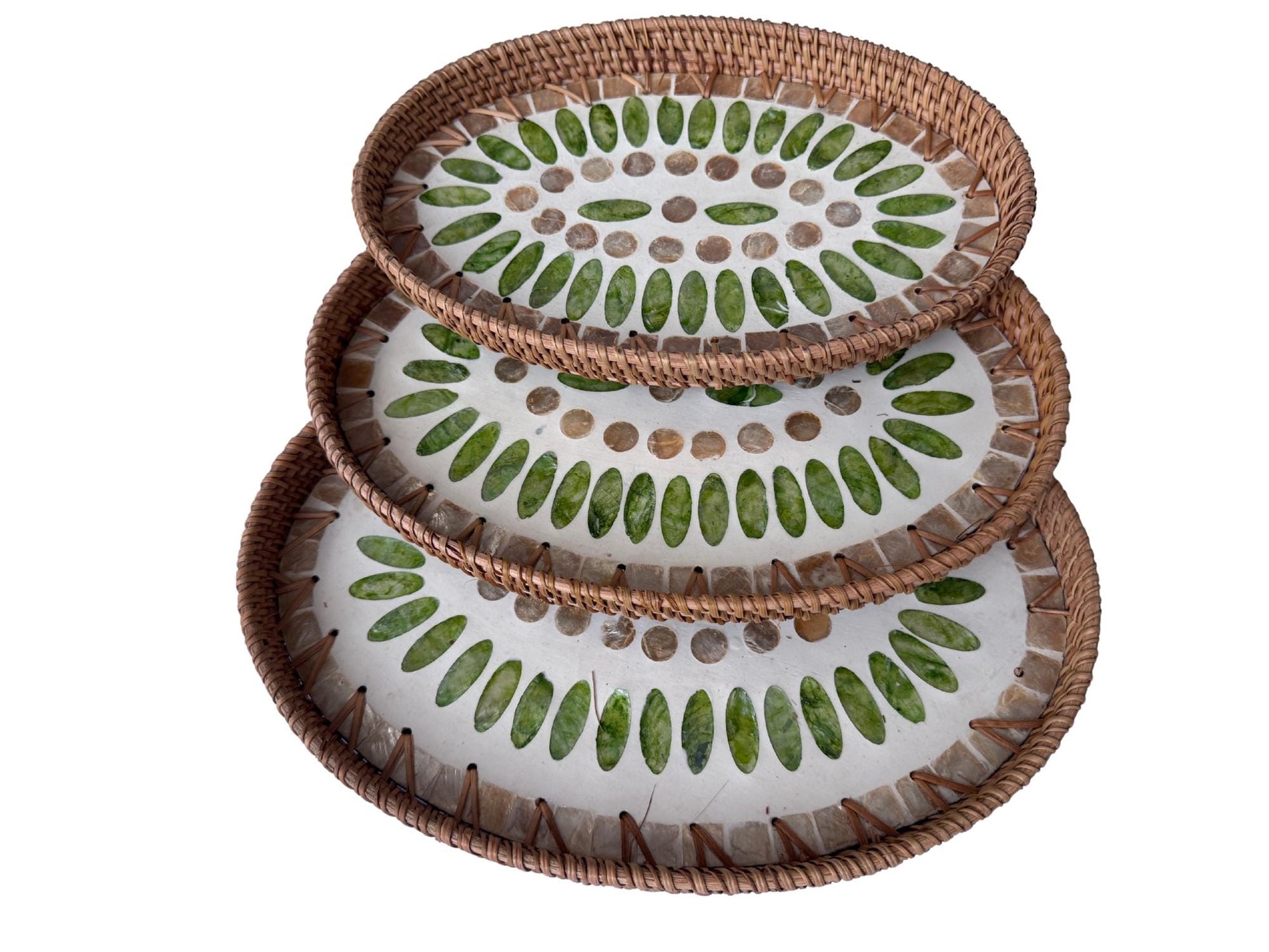 Oval Rattan Tray with Mother of Pearl Inlay - Boho Coffee Table Ottoman Styling Serving 135
