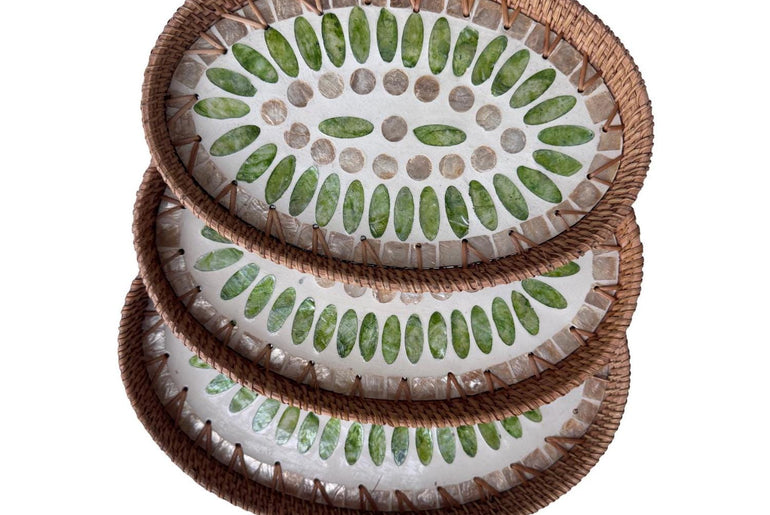 Oval Rattan Tray with Mother of Pearl Inlay - Boho Coffee Table Ottoman Styling Serving 135