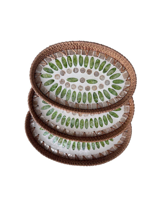 Oval Rattan Tray with Mother of Pearl Inlay - Boho Coffee Table Ottoman Styling Serving 135