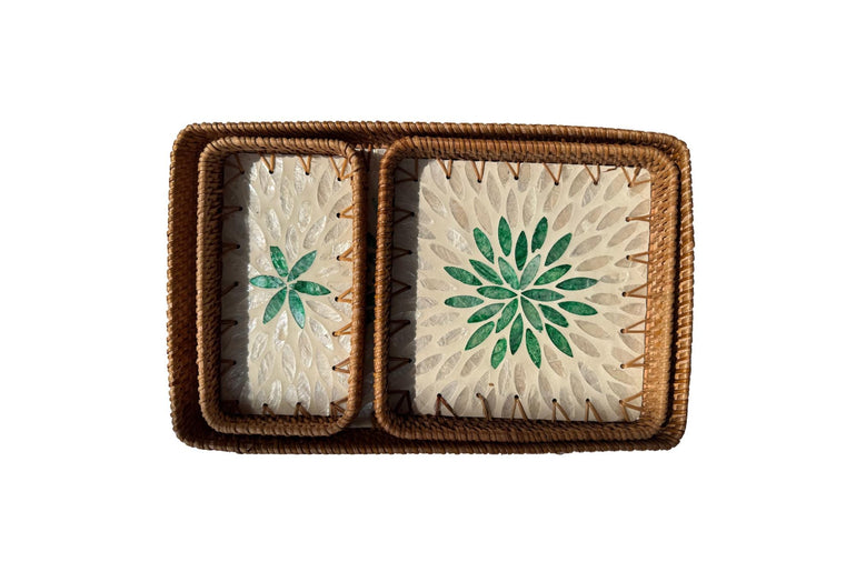 Rattan Tray with Mother of Pearl Inlay Base, Handmade Woven Serving Tray, Boho Coastal Coffee Table Decor, Made in Vietnam 84