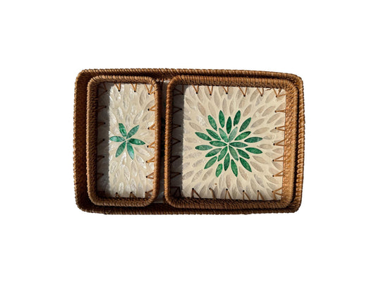 Rattan Tray with Mother of Pearl Inlay Base, Handmade Woven Serving Tray, Boho Coastal Coffee Table Decor, Made in Vietnam 84