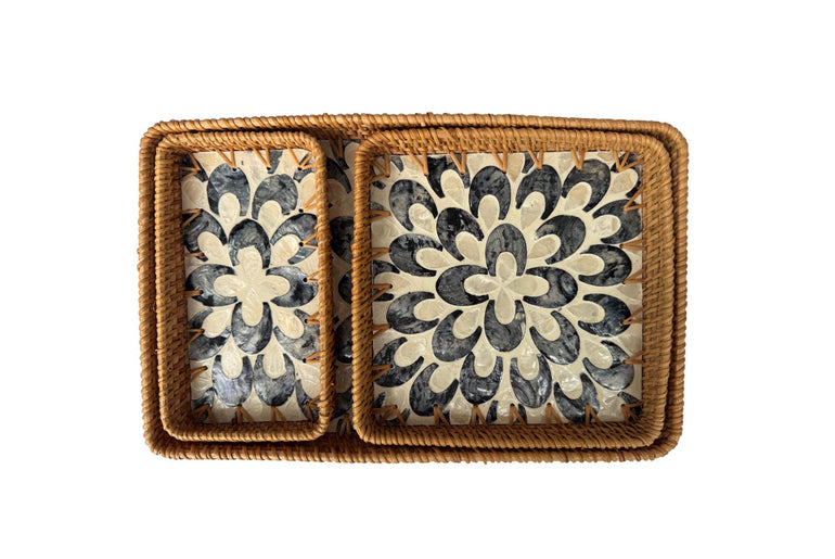 Rattan Tray with Mother of Pearl Inlay Base, Handmade Woven Serving Tray, Boho Coastal Coffee Table Decor, Made in Vietnam 83