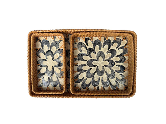 Rattan Tray with Mother of Pearl Inlay Base, Handmade Woven Serving Tray, Boho Coastal Coffee Table Decor, Made in Vietnam 83