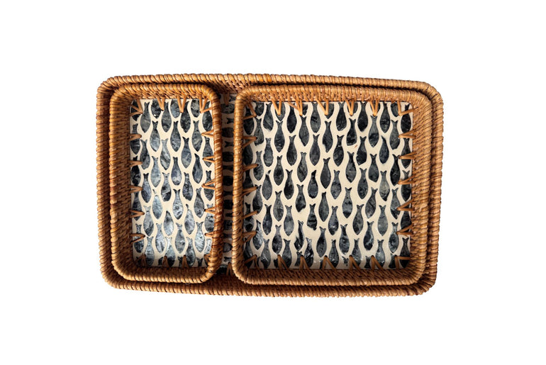 Rattan Tray with Mother of Pearl Inlay Base, Handmade Woven Serving Tray, Boho Coastal Coffee Table Decor, Made in Vietnam 79