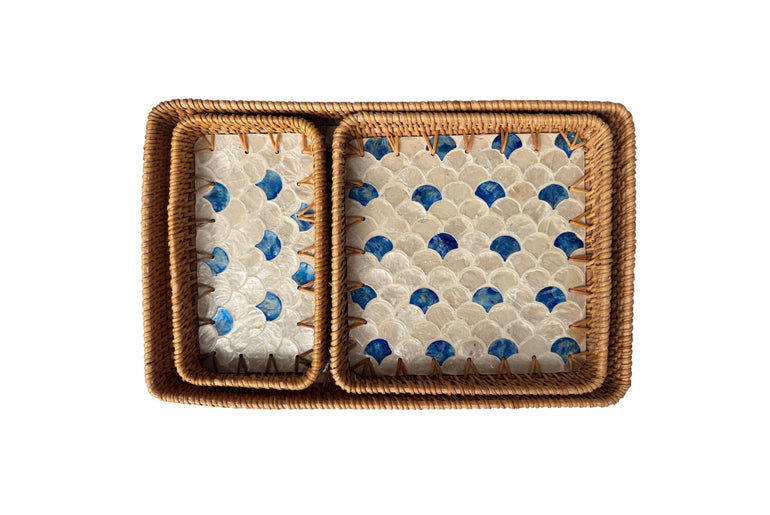 Rattan Tray with Mother of Pearl Inlay Base, Handmade Woven Serving Tray, Boho Coastal Coffee Table Decor, Made in Vietnam 78