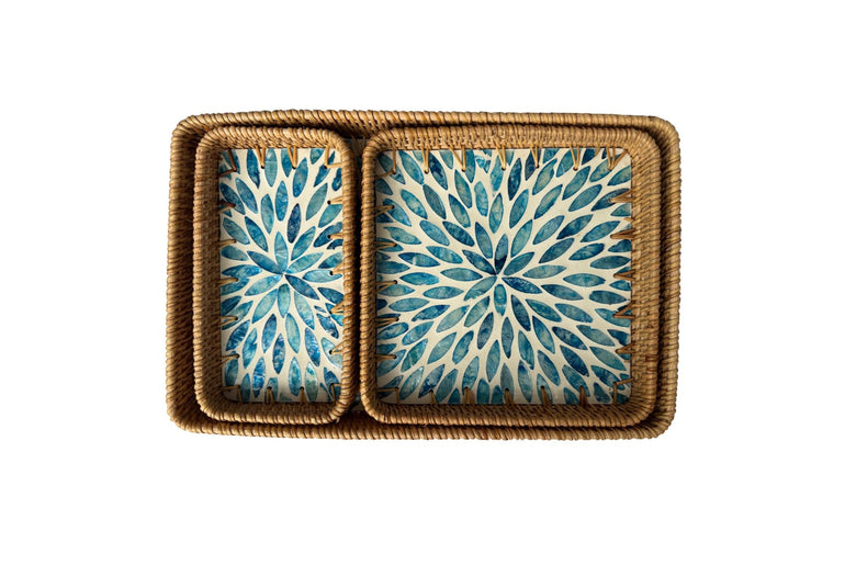 Rattan Tray with Mother of Pearl Inlay Base, Handmade Woven Serving Tray, Boho Coastal Coffee Table Decor, Made in Vietnam 77