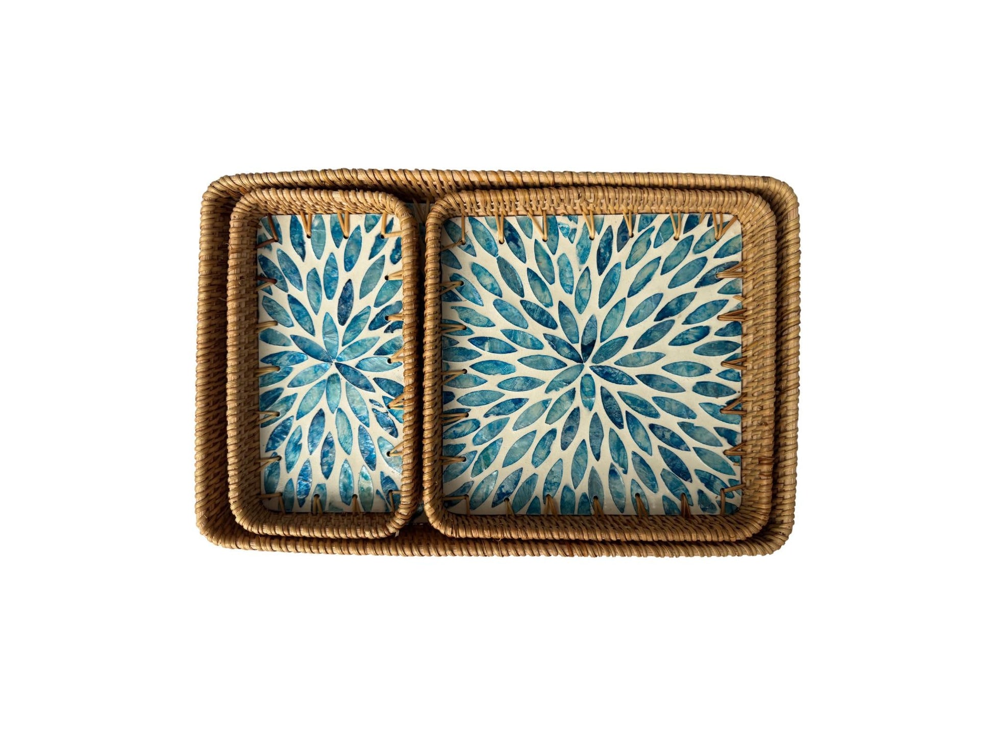 Rattan Tray with Mother of Pearl Inlay Base, Handmade Woven Serving Tray, Boho Coastal Coffee Table Decor, Made in Vietnam 77