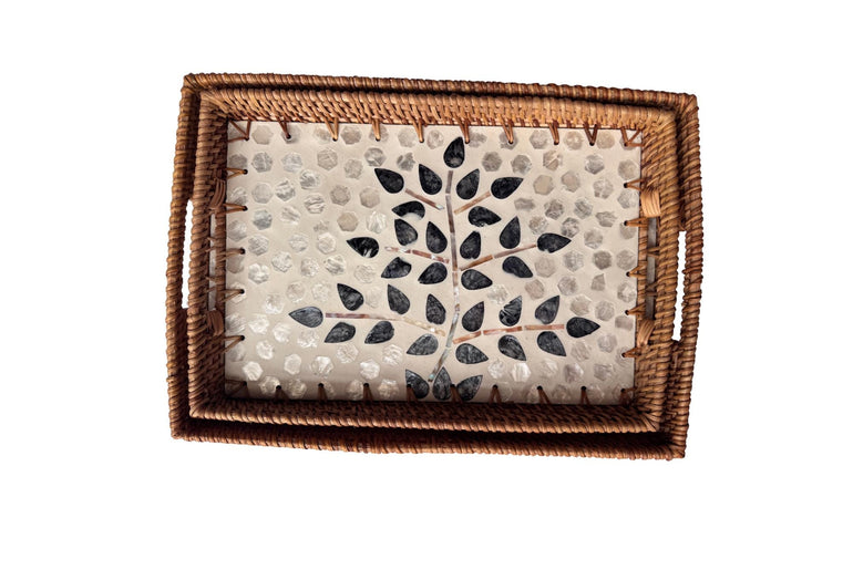 Rectangular Rattan Tray with Mother of Pearl Inlay - Handcrafted Serving Tray 64