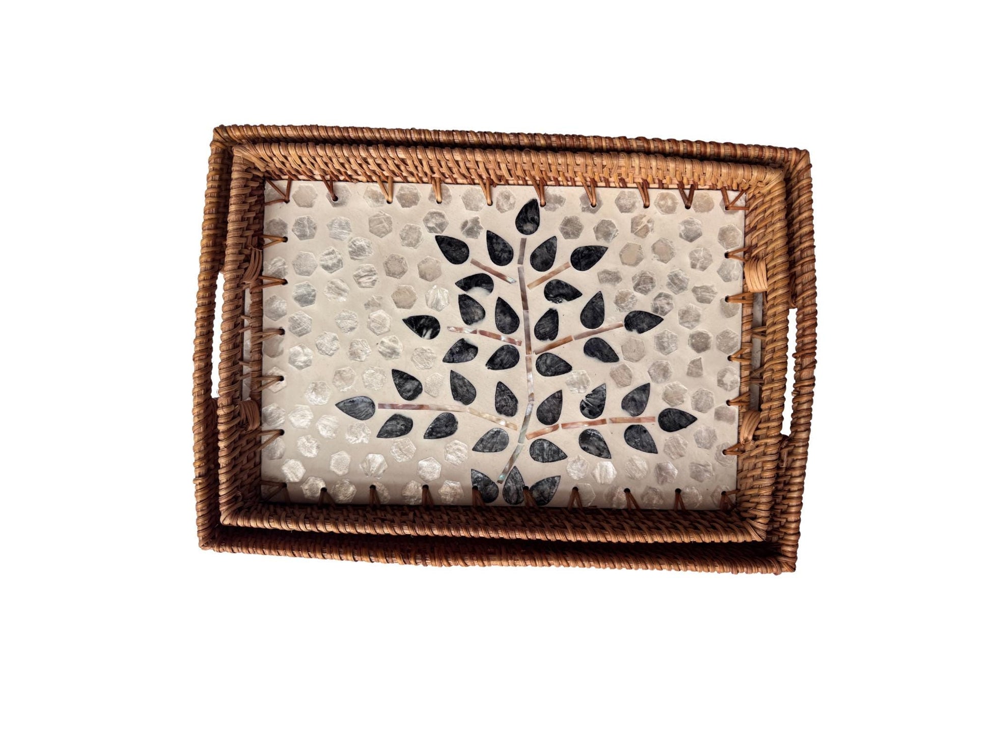 Rectangular Rattan Tray with Mother of Pearl Inlay - Handcrafted Serving Tray 64