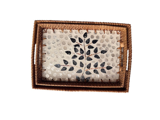 Rectangular Rattan Tray with Mother of Pearl Inlay - Handcrafted Serving Tray 64