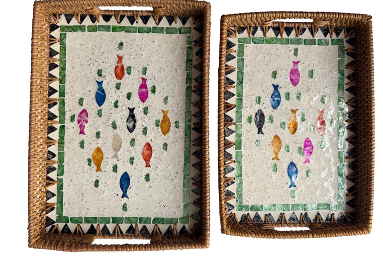 Rectangular Rattan Tray with Mother of Pearl Fish Inlay - Handwoven Serving Decor 63