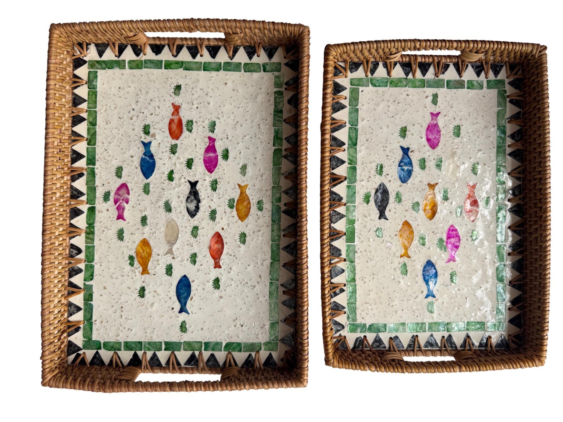 Rectangular Rattan Tray with Mother of Pearl Fish Inlay - Handwoven Serving Decor 63