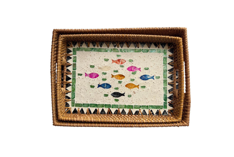 Rectangular Rattan Tray with Mother of Pearl Fish Inlay - Handwoven Serving Decor 63