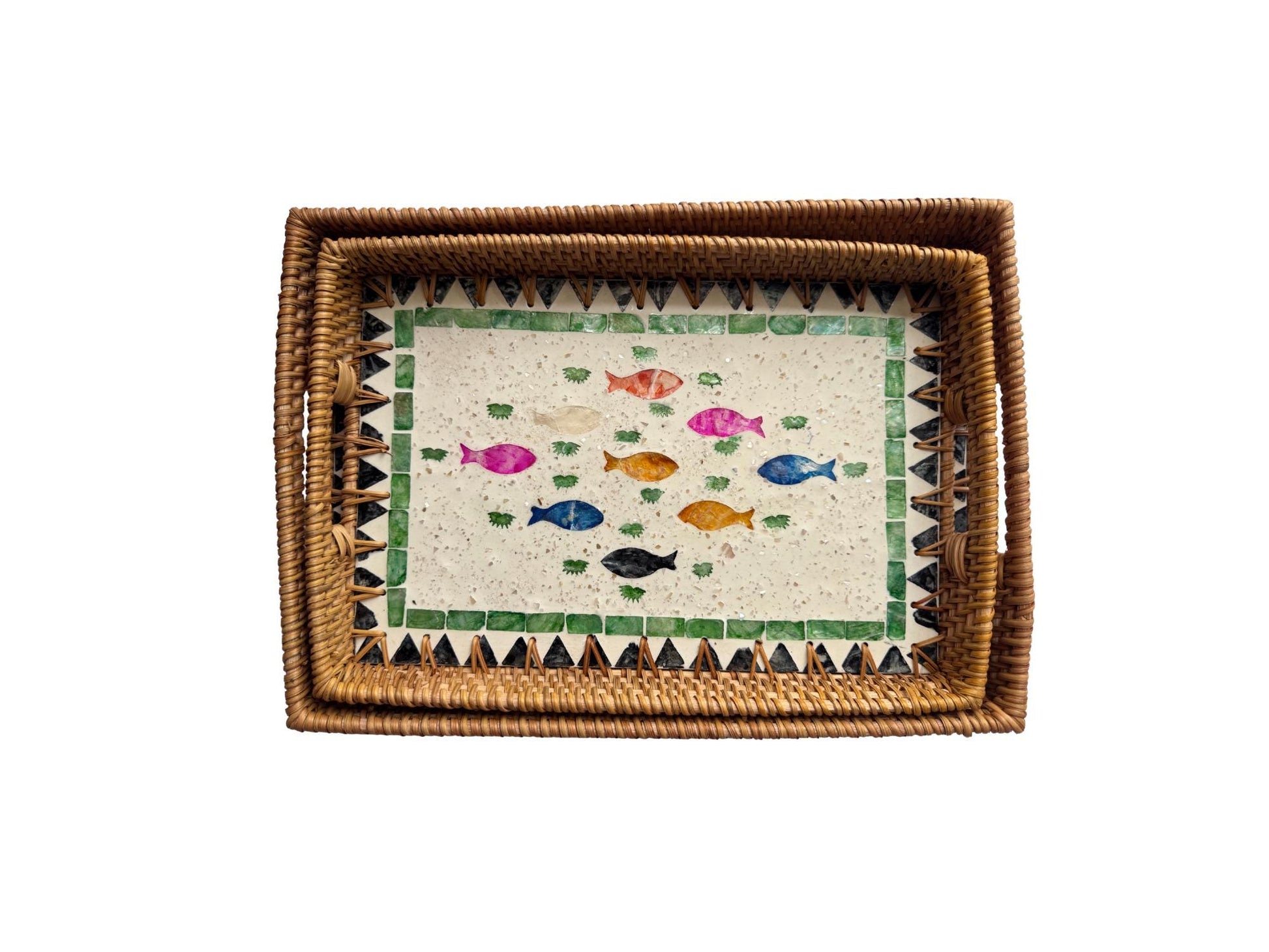 Rectangular Rattan Tray with Mother of Pearl Fish Inlay - Handwoven Serving Decor 63