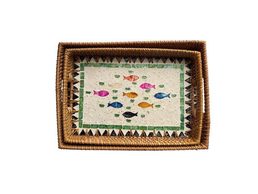 Rectangular Rattan Tray with Mother of Pearl Fish Inlay - Handwoven Serving Decor 63