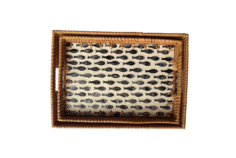 Rectangular Rattan Tray with Fish Print Inlay - Handwoven Decorative Serving Tray 59