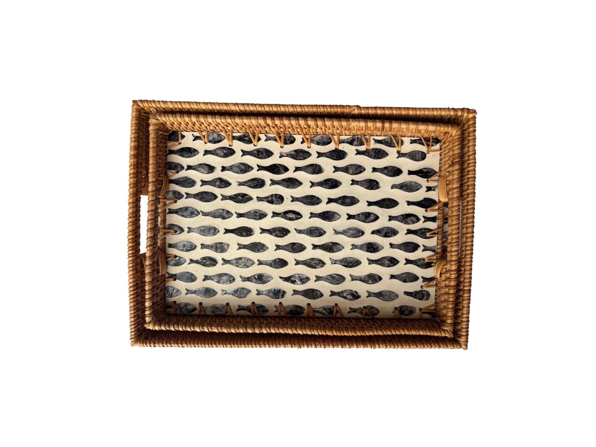 Rectangular Rattan Tray with Fish Print Inlay - Handwoven Decorative Serving Tray 59