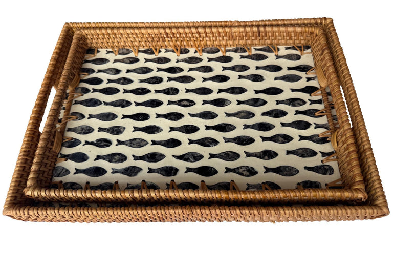 Rectangular Rattan Tray with Fish Print Inlay - Handwoven Decorative Serving Tray 59