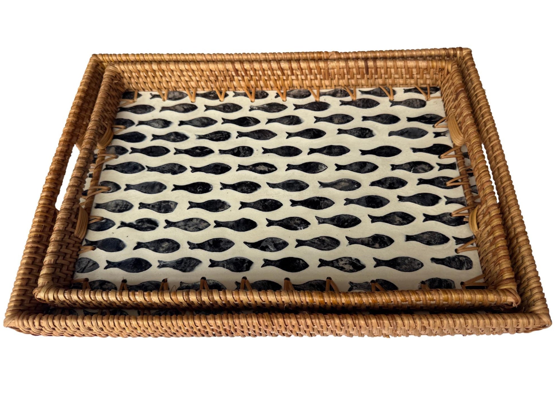 Rectangular Rattan Tray with Fish Print Inlay - Handwoven Decorative Serving Tray 59