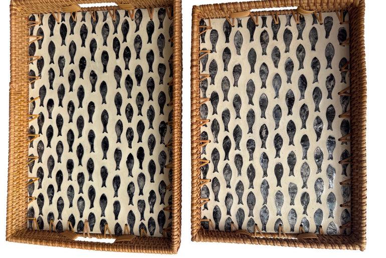 Rectangular Rattan Tray with Fish Print Inlay - Handwoven Decorative Serving Tray 59