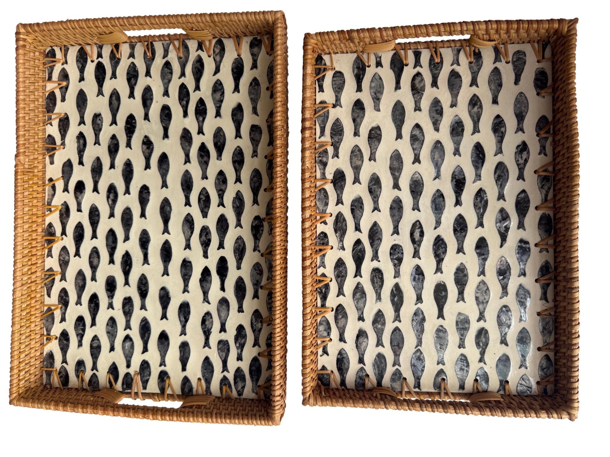 Rectangular Rattan Tray with Fish Print Inlay - Handwoven Decorative Serving Tray 59