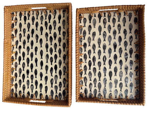 Rectangular Rattan Tray with Fish Print Inlay - Handwoven Decorative Serving Tray 59