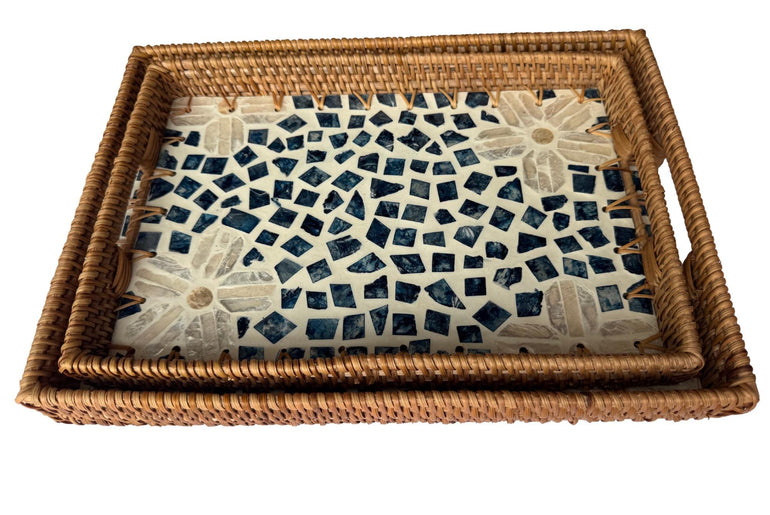 Rectangular Rattan Tray with Mother of Pearl Inlay - Handcrafted Serving Decor 58