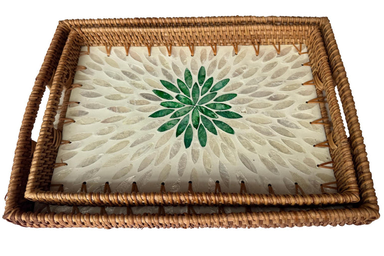 Handcrafted Rattan Serving Tray with Mother of Pearl Inlay - Decorative Home Accent 65