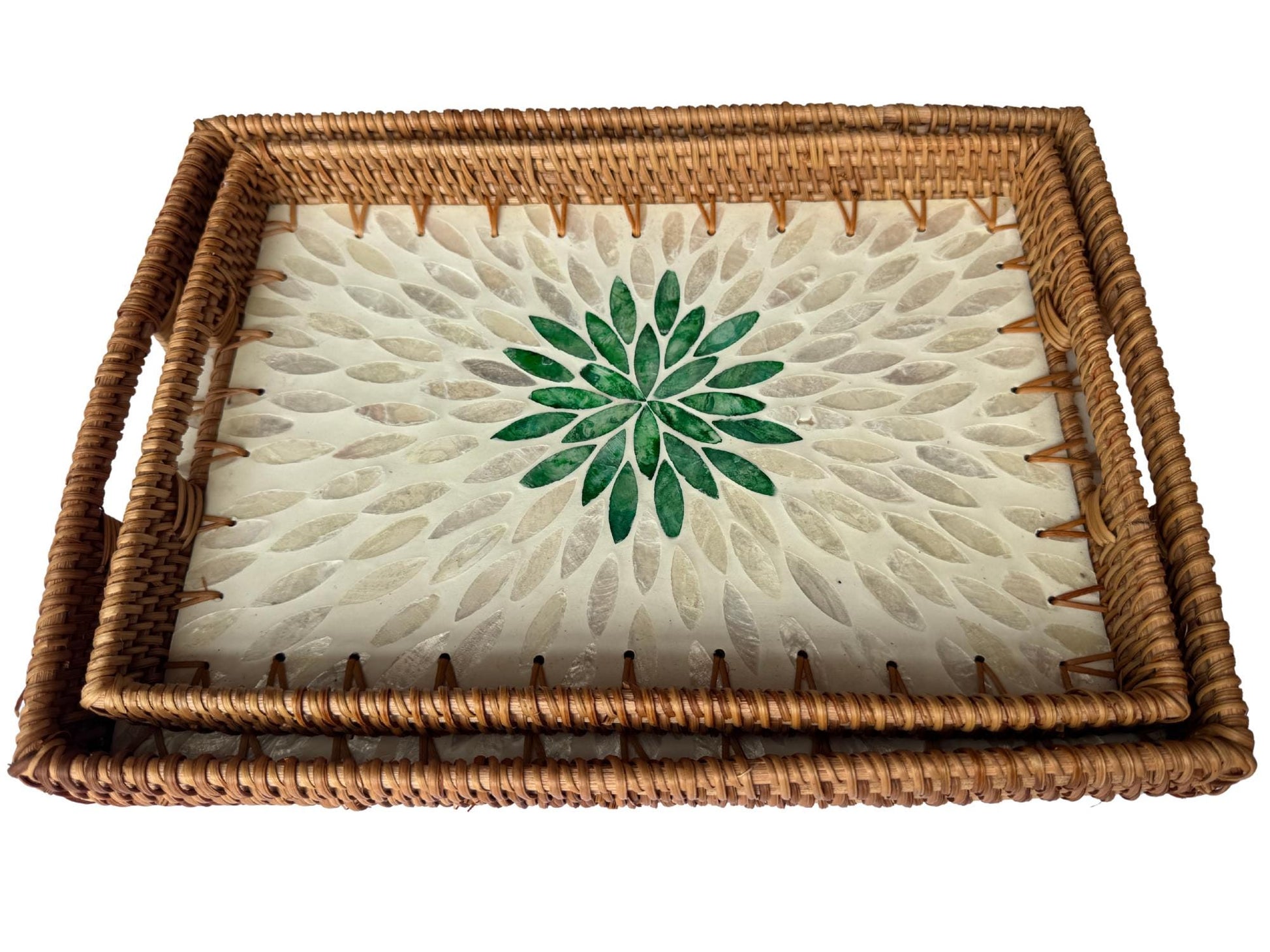 Handcrafted Rattan Serving Tray with Mother of Pearl Inlay - Decorative Home Accent 65