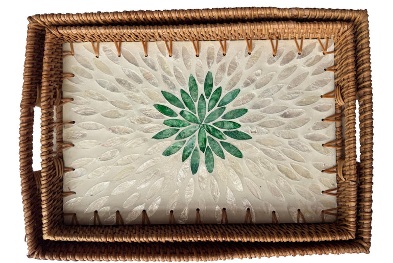 Handcrafted Rattan Serving Tray with Mother of Pearl Inlay - Decorative Home Accent 65