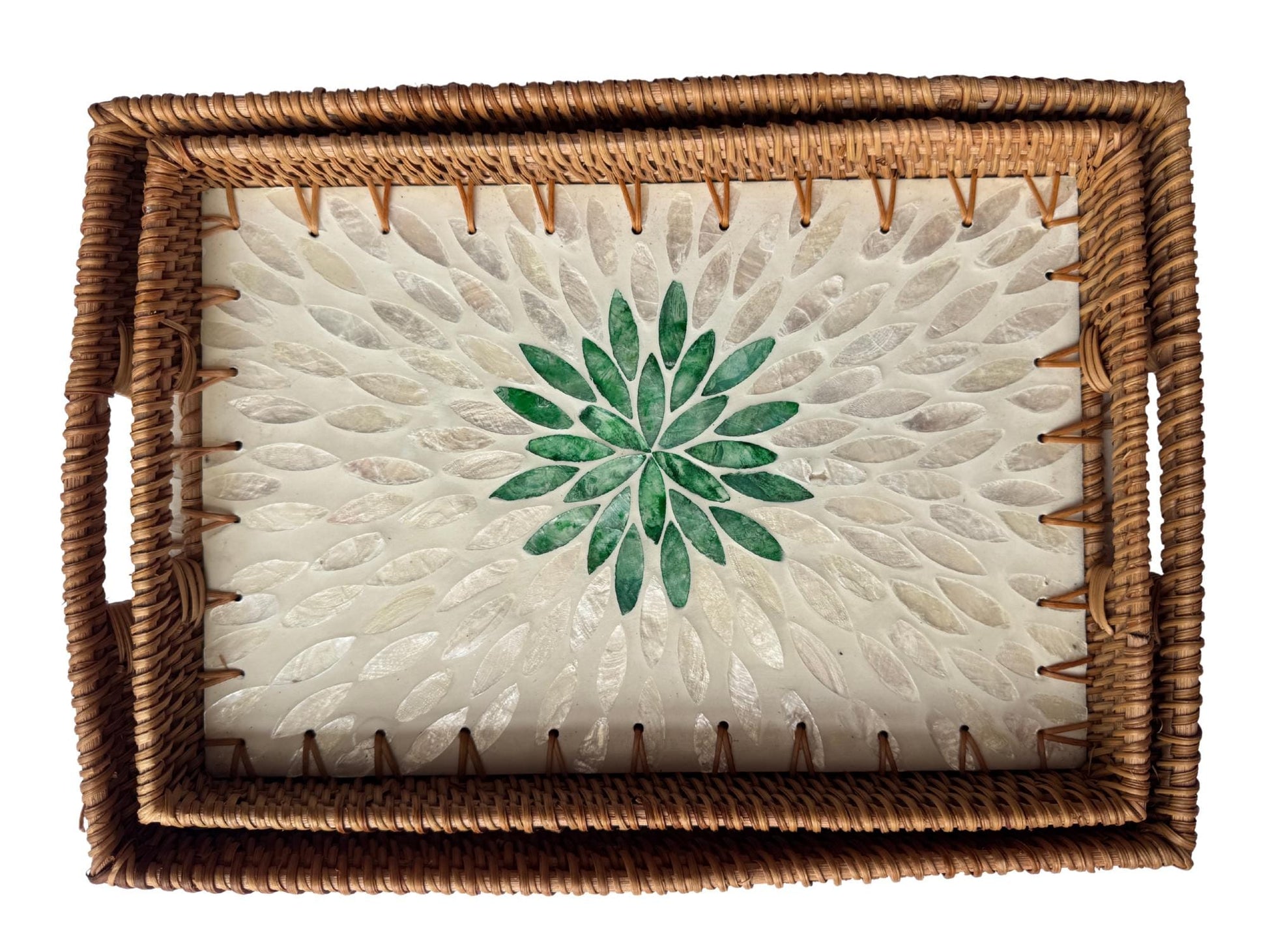 Handcrafted Rattan Serving Tray with Mother of Pearl Inlay - Decorative Home Accent 65