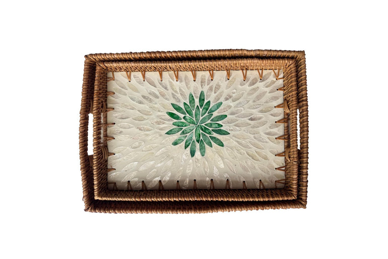 Handcrafted Rattan Serving Tray with Mother of Pearl Inlay - Decorative Home Accent 65