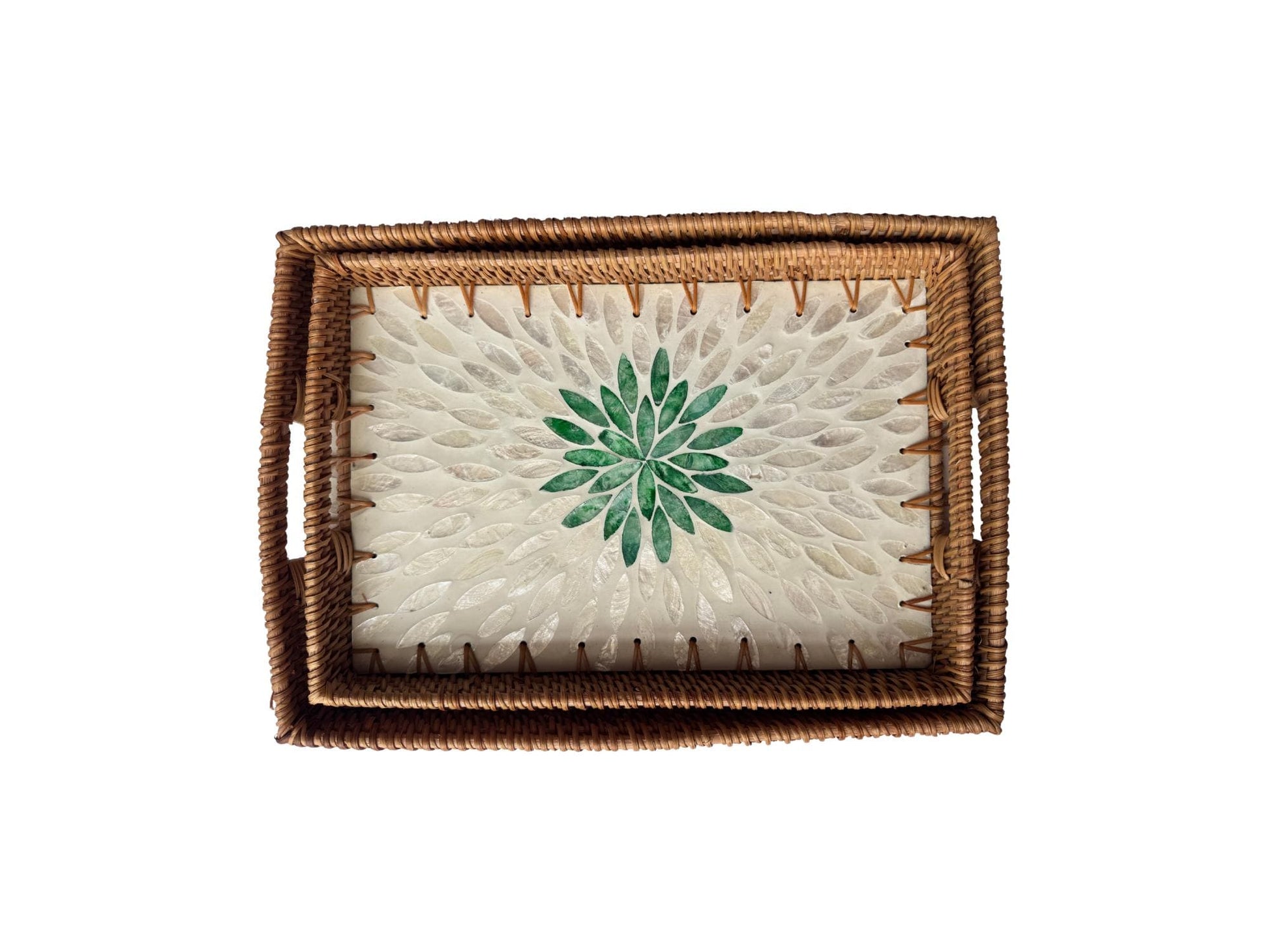 Handcrafted Rattan Serving Tray with Mother of Pearl Inlay - Decorative Home Accent 65