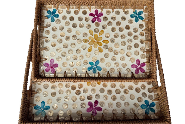 Rectangular Rattan Tray with Mother of Pearl Inlay - Handwoven Serving Decor 56