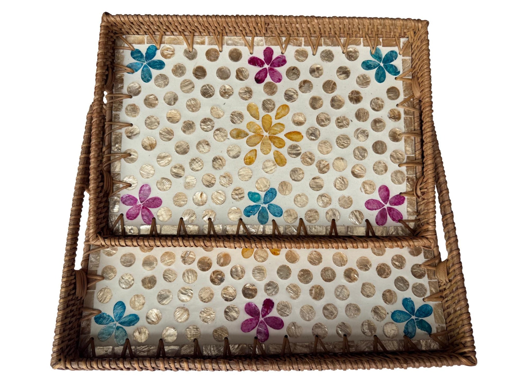 Rectangular Rattan Tray with Mother of Pearl Inlay - Handwoven Serving Decor 56