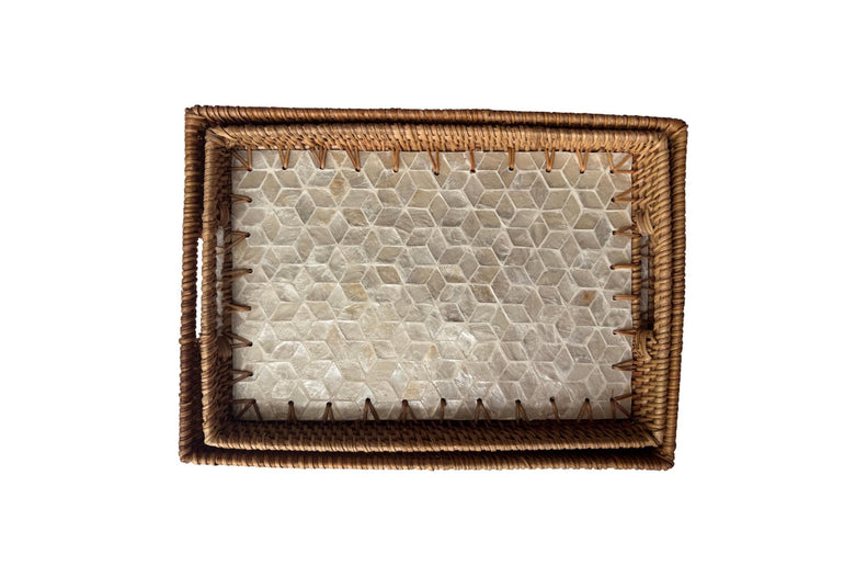 Rectangular Rattan Tray with Mother of Pearl Inlay - Handcrafted Serving Decor 57