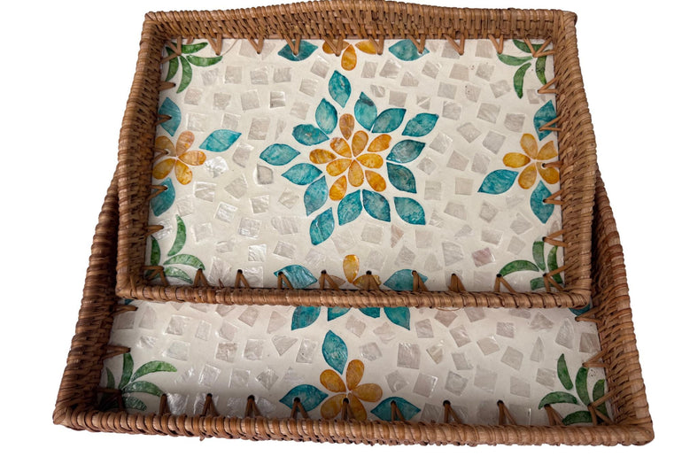 Scalloped Edge Rattan Rectangular Tray with Mother of Pearl Inlay - Handmade Decorative Serving Tray, Natural Woven Tray, Coffee Table Decor 50