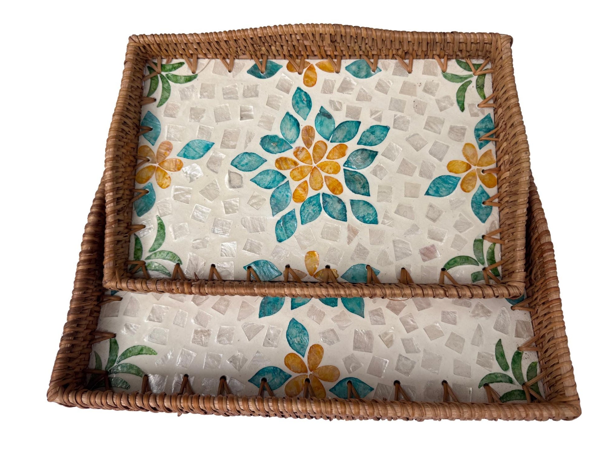 Scalloped Edge Rattan Rectangular Tray with Mother of Pearl Inlay - Handmade Decorative Serving Tray, Natural Woven Tray, Coffee Table Decor 50
