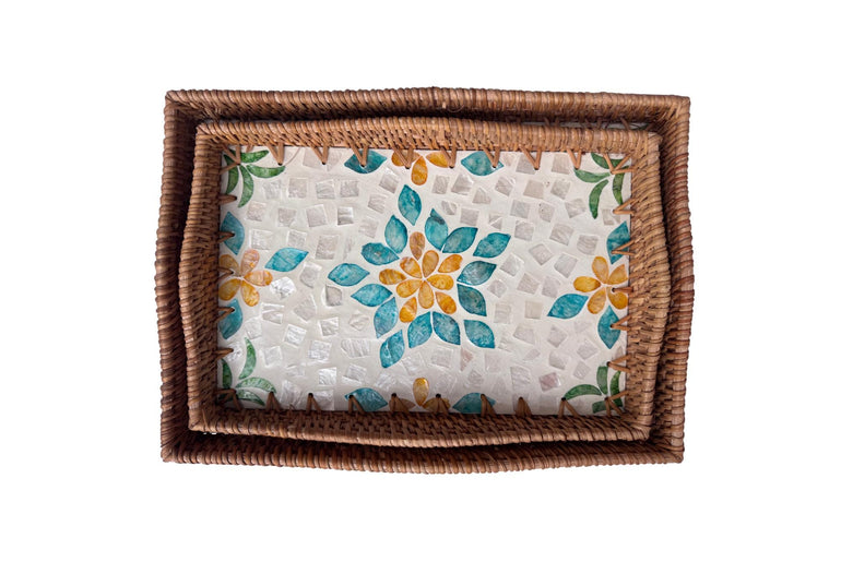 Scalloped Edge Rattan Rectangular Tray with Mother of Pearl Inlay - Handmade Decorative Serving Tray, Natural Woven Tray, Coffee Table Decor 50