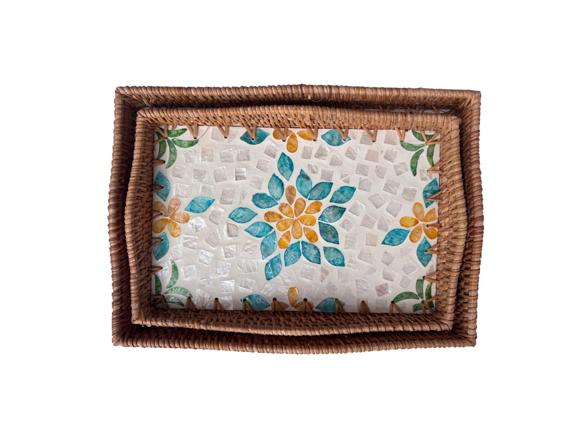 Scalloped Edge Rattan Rectangular Tray with Mother of Pearl Inlay - Handmade Decorative Serving Tray, Natural Woven Tray, Coffee Table Decor 50