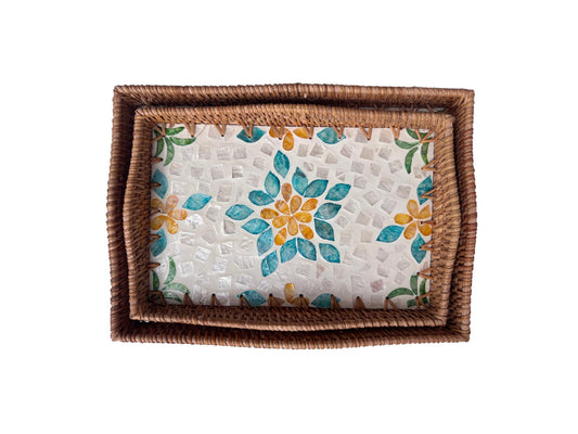 Scalloped Edge Rattan Rectangular Tray with Mother of Pearl Inlay - Handmade Decorative Serving Tray, Natural Woven Tray, Coffee Table Decor 50