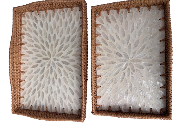 Scalloped Edge Rattan Rectangular Tray with Mother of Pearl Inlay - Handmade Decorative Serving Tray, Natural Woven Tray, Coffee Table Decor 55