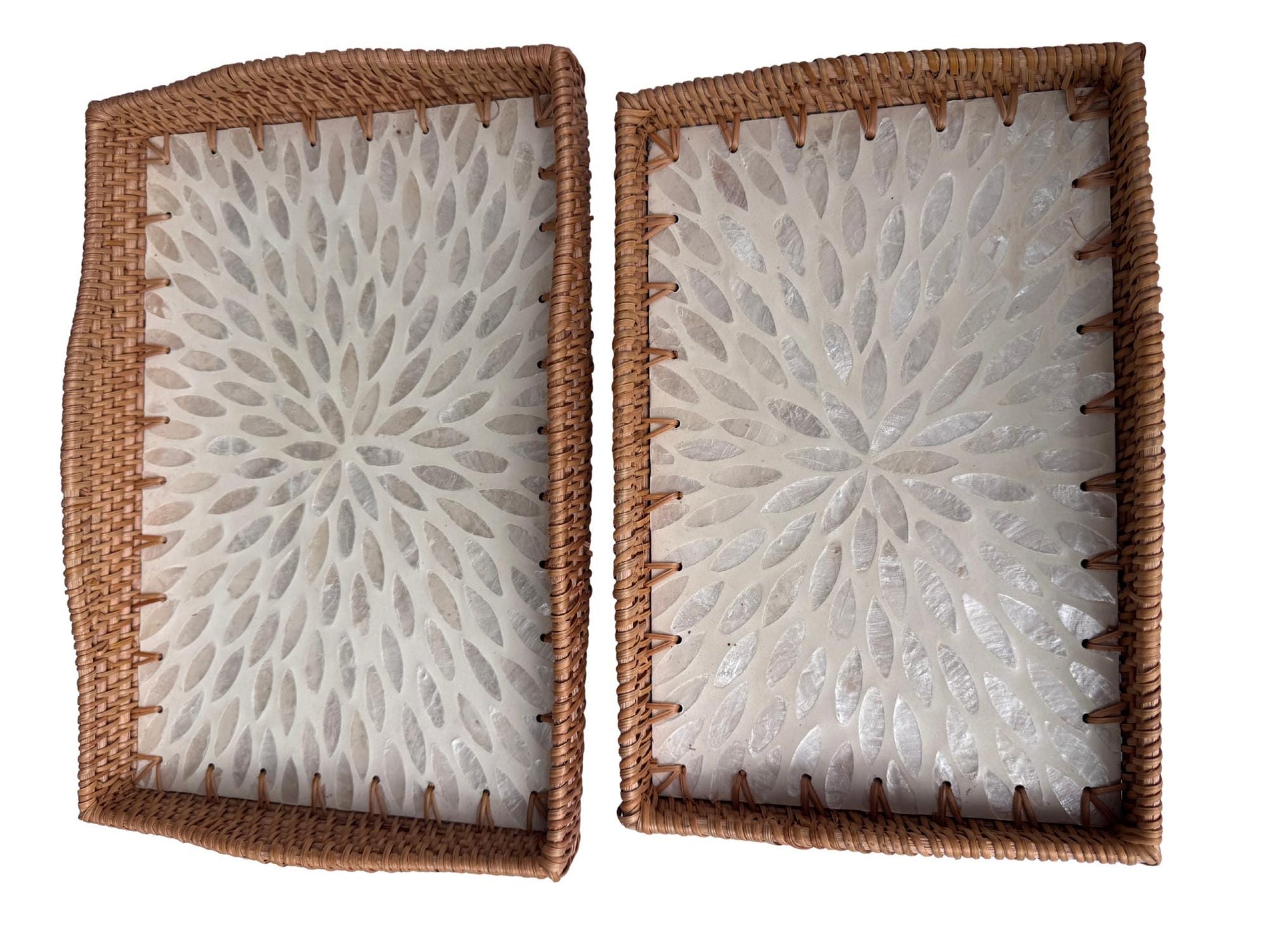 Scalloped Edge Rattan Rectangular Tray with Mother of Pearl Inlay - Handmade Decorative Serving Tray, Natural Woven Tray, Coffee Table Decor 55