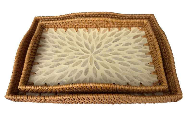 Scalloped Edge Rattan Rectangular Tray with Mother of Pearl Inlay - Handmade Decorative Serving Tray, Natural Woven Tray, Coffee Table Decor 55