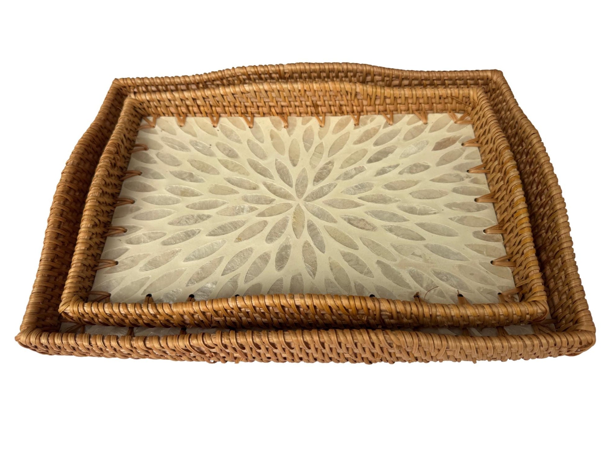 Scalloped Edge Rattan Rectangular Tray with Mother of Pearl Inlay - Handmade Decorative Serving Tray, Natural Woven Tray, Coffee Table Decor 55