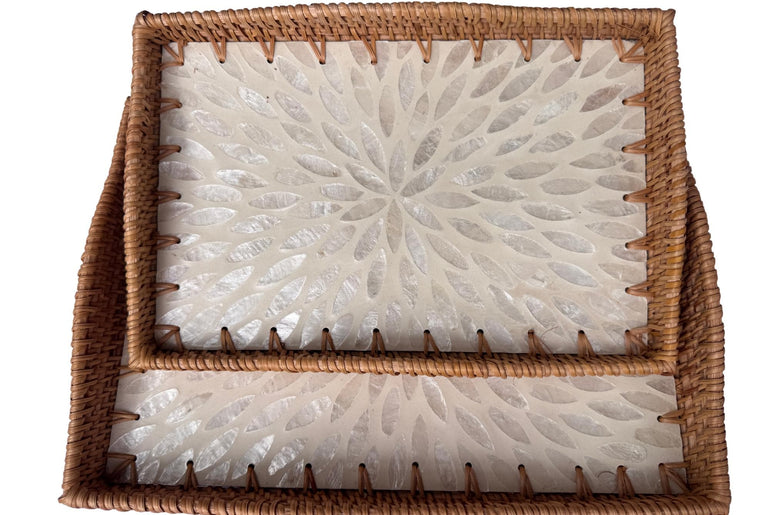 Scalloped Edge Rattan Rectangular Tray with Mother of Pearl Inlay - Handmade Decorative Serving Tray, Natural Woven Tray, Coffee Table Decor 55