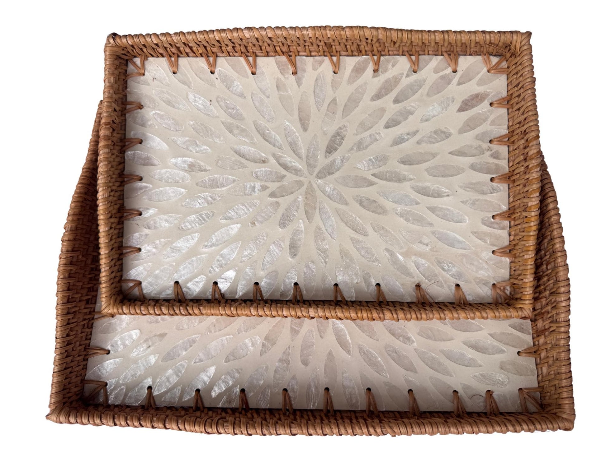 Scalloped Edge Rattan Rectangular Tray with Mother of Pearl Inlay - Handmade Decorative Serving Tray, Natural Woven Tray, Coffee Table Decor 55