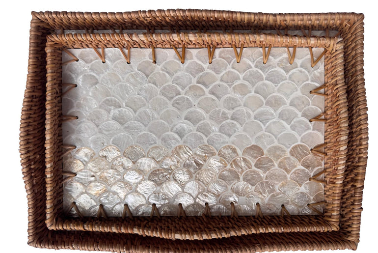 Scalloped Edge Rattan Rectangular Tray with Mother of Pearl Inlay - Handmade Decorative Serving Tray, Natural Woven Tray, Coffee Table Decor 49