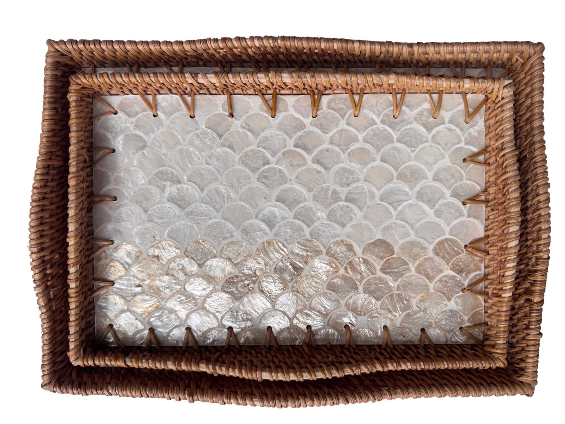 Scalloped Edge Rattan Rectangular Tray with Mother of Pearl Inlay - Handmade Decorative Serving Tray, Natural Woven Tray, Coffee Table Decor 49
