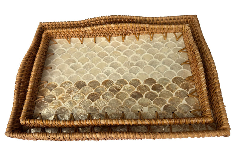 Scalloped Edge Rattan Rectangular Tray with Mother of Pearl Inlay - Handmade Decorative Serving Tray, Natural Woven Tray, Coffee Table Decor 49